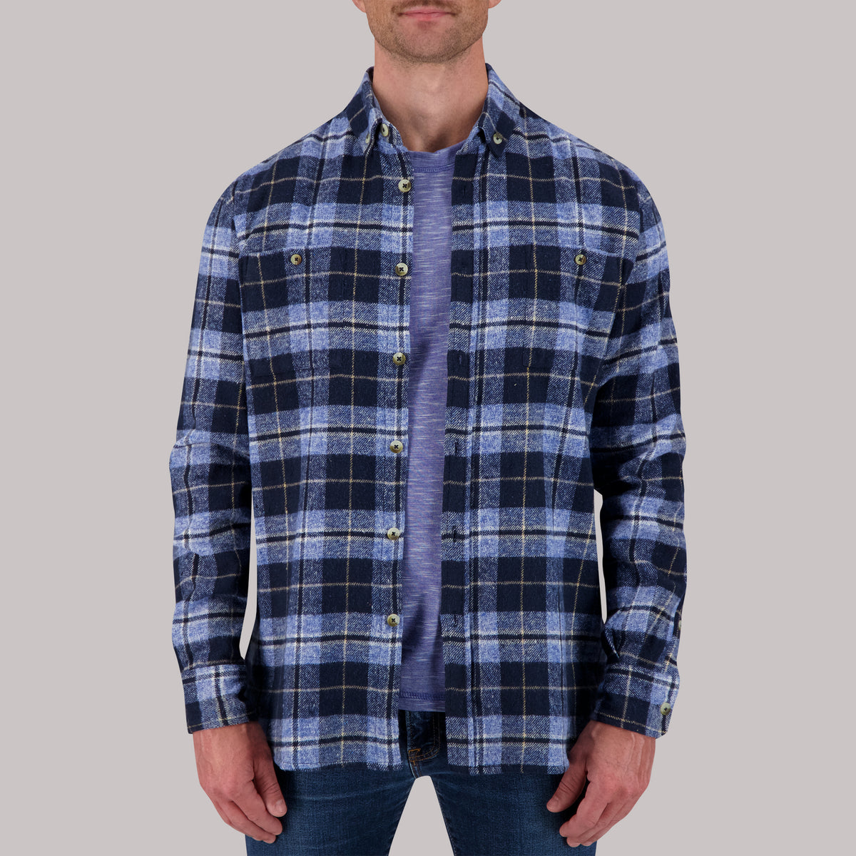 Recycled Flannel Plaid Over Shirt in Blue – Report Collection